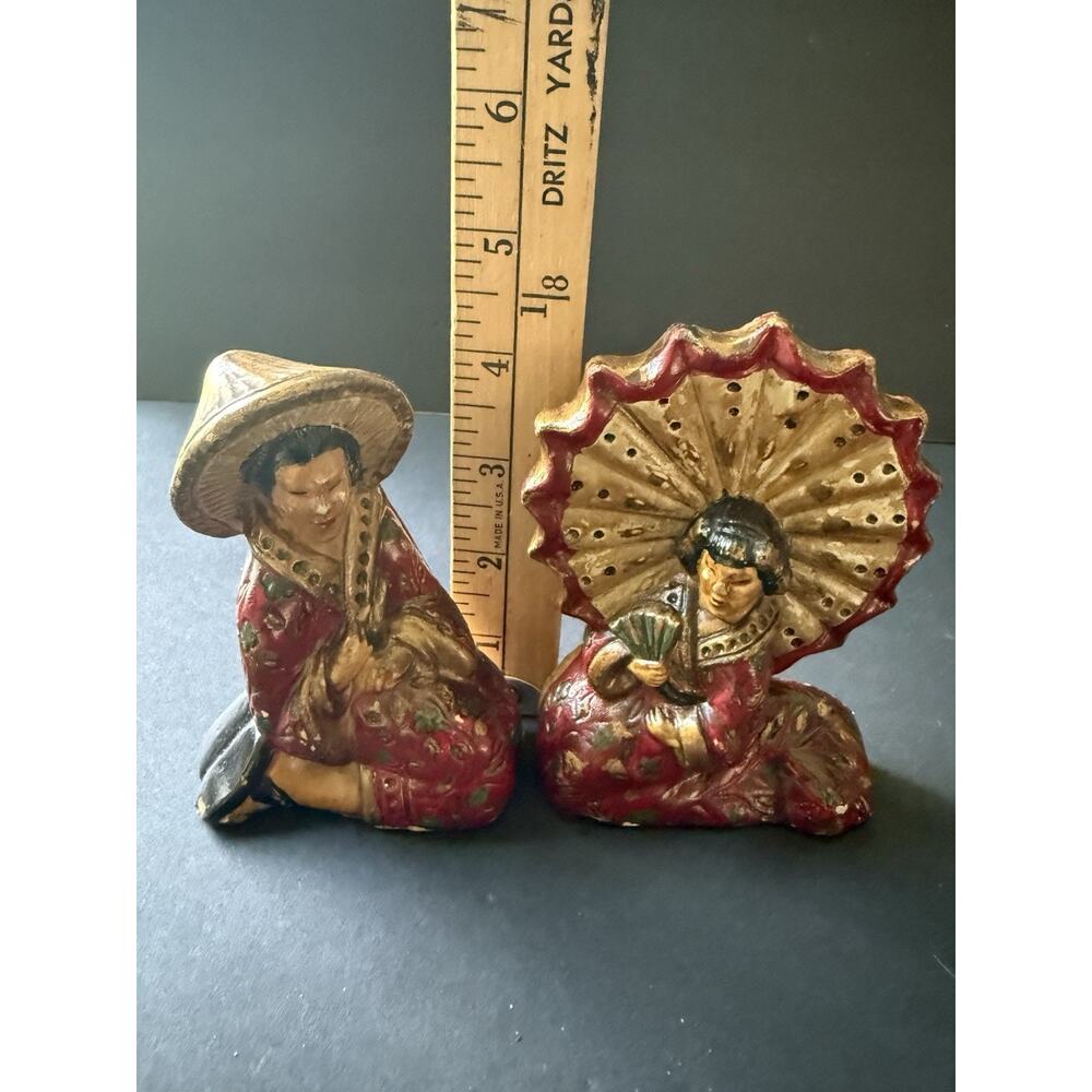 Vintage Ceramic MCM Happy Asian Couple Man Woman Figurines Red Chinese Oriental - Picture 5 of 6